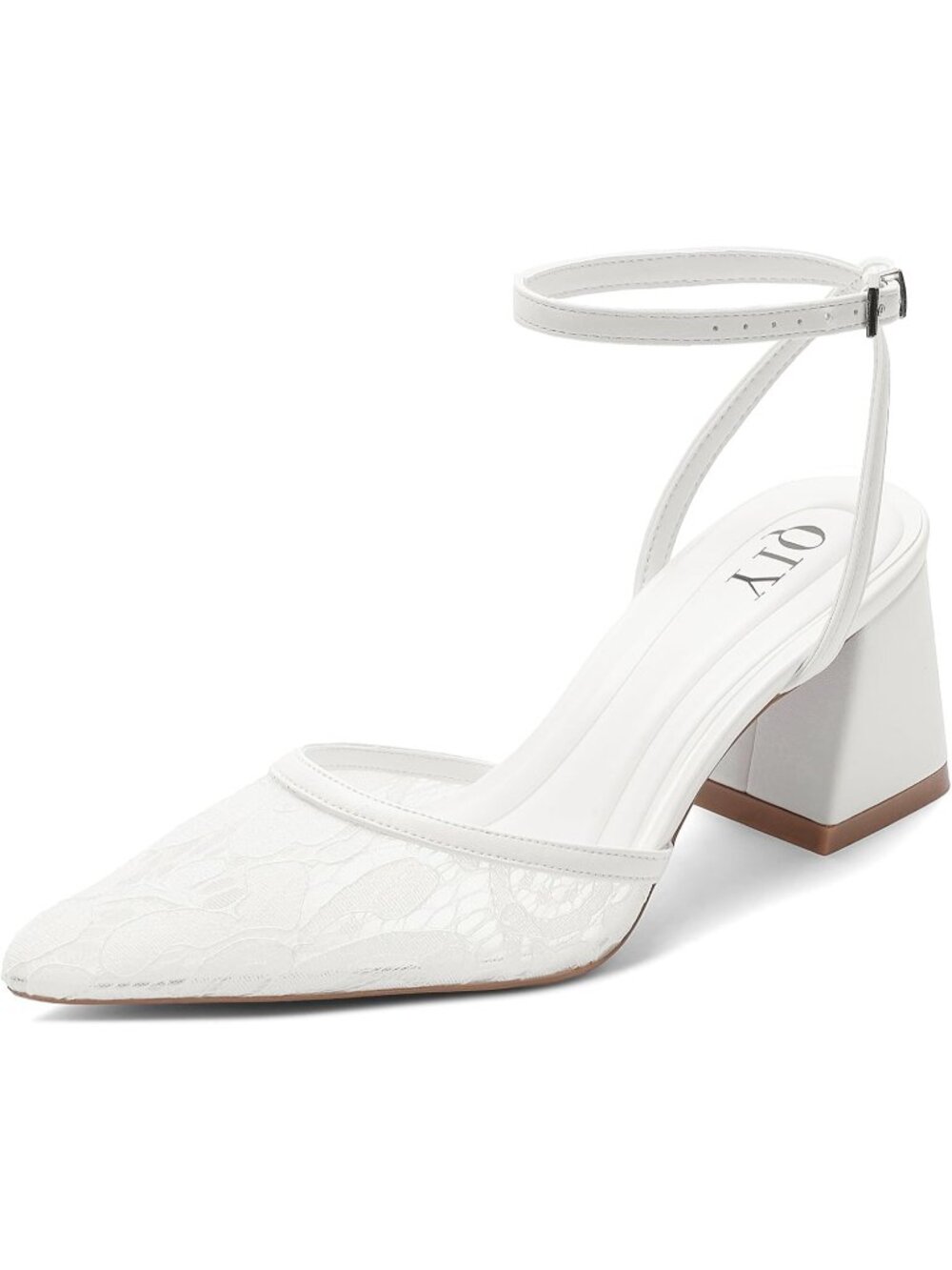 🆕Women's All White Pointed Toe Block Heels Chunky Ankle Strap Wedding Pumps